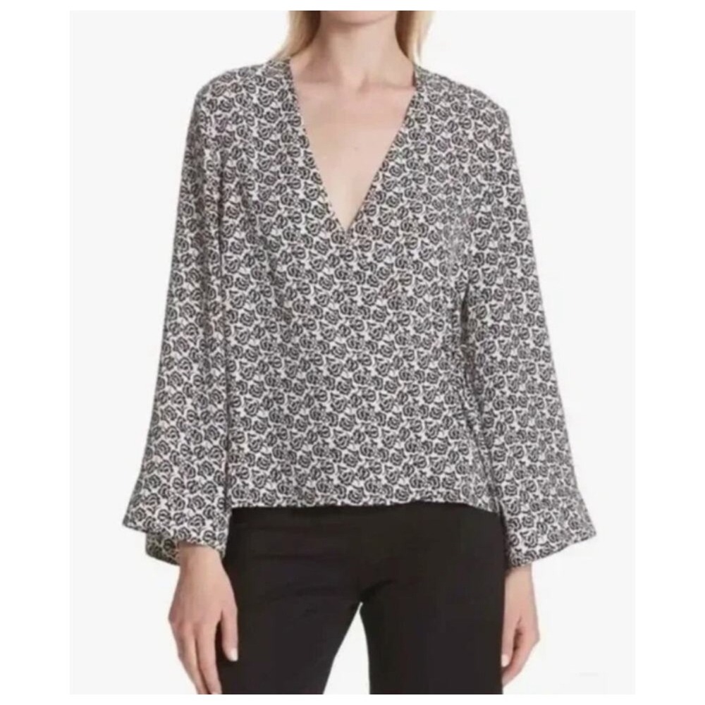 A.L.C. Ray Silk Women's Black White Floral Print Long Sleeve Wrap Blouse Size 4 - Picture 1 of 7